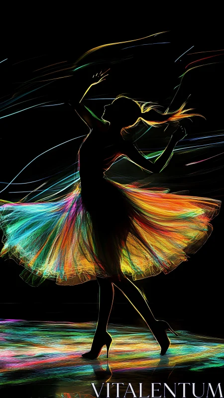 Neon-lit dancer silhouette whirls in radiant motion trails.