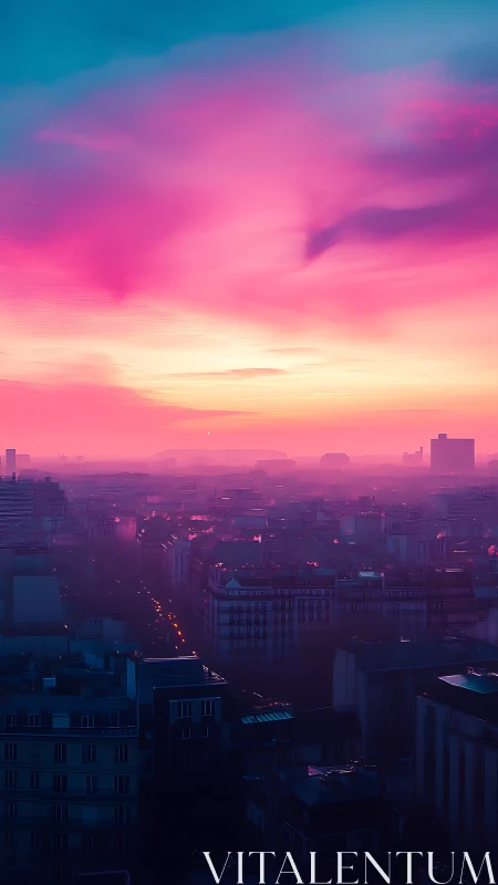 Neon dusk above misty city blocks in magenta haze.