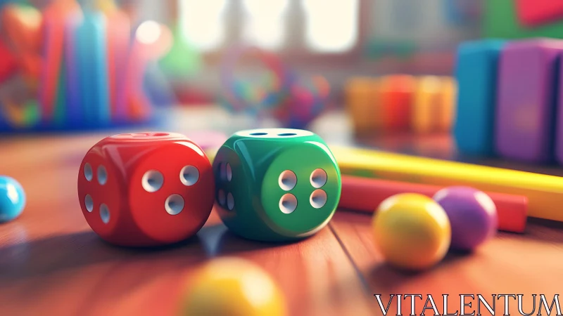 Colorful dice rest on a sunny playroom table, inviting fun