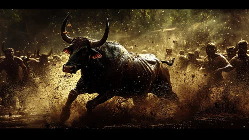 Charging bull in muddy arena with running crowd behind