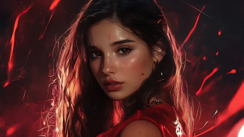 Cinematic digital portrait of woman amid dynamic red embers