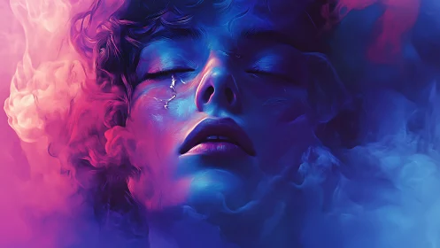 Iridescent portrait layers neon magenta and cyan volumetric fog