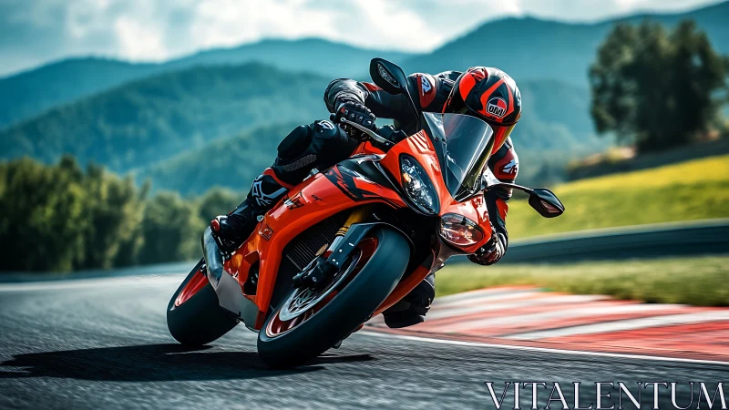 Red sport motorcycle leans into a smooth mountain racetrack turn