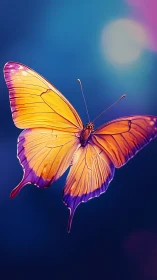 Vibrant orange and purple butterfly on blurred blue sky.