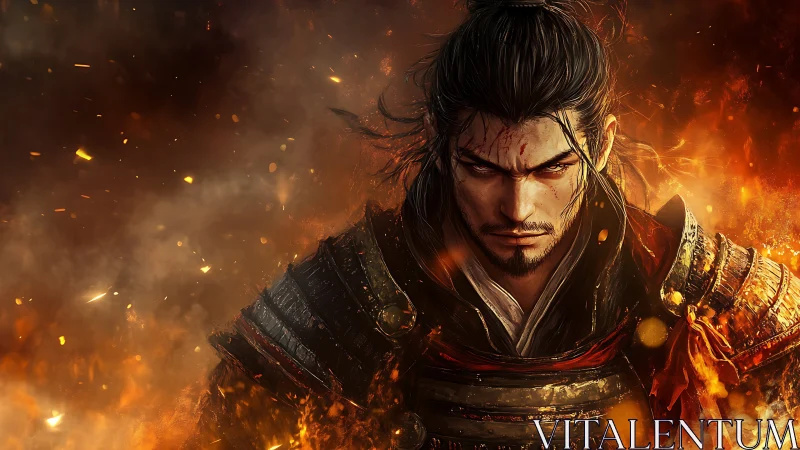 Battle-worn samurai warrior amid embers and flames.