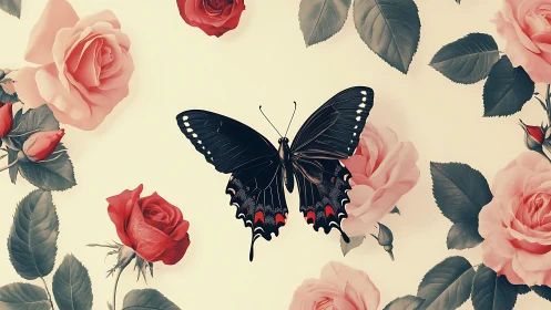 Black butterfly centered among pink roses and gray leaves.