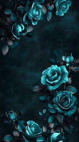 Luminescent Turquoise Rose Botanical Study on Textured Noir Ground.