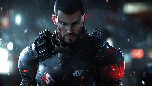 Storm-lit space warrior holds steady in the neon downpour.