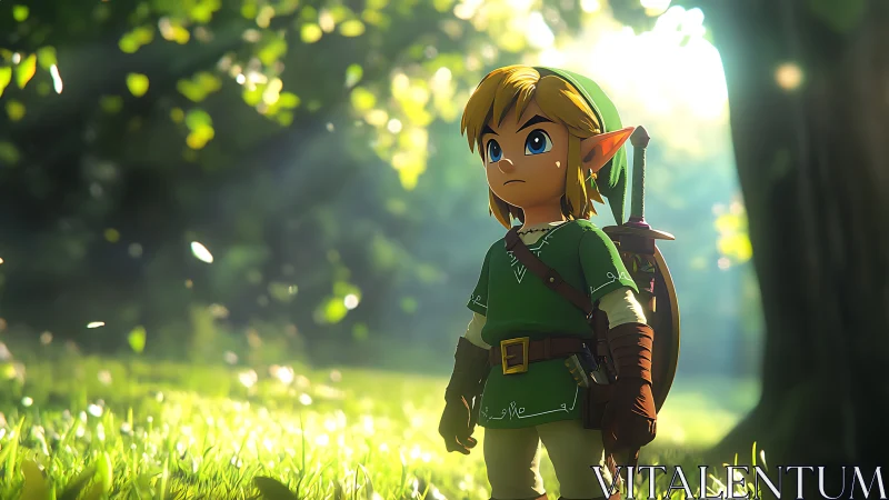 Cartoon elf warrior in green outfit standing in forest light.