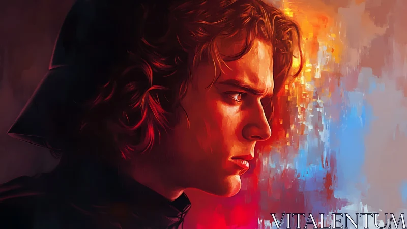 Brooding space warrior carved in molten dusk and neon fire.