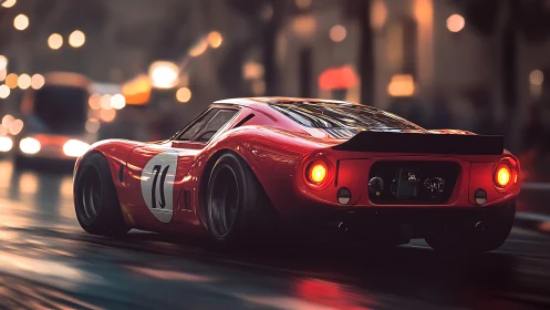 Red race car streaks through neon city streets at night.