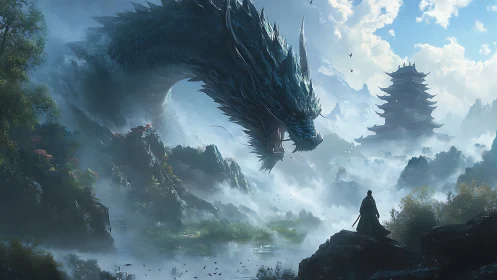 Mountain mist welcomes a wandering hero and vast sky dragon
