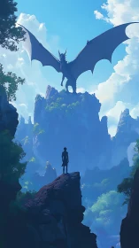 Quiet mountain standoff between lone traveler and dragon.