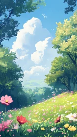 Sunlit wildflower meadow below towering cumulus clouds.