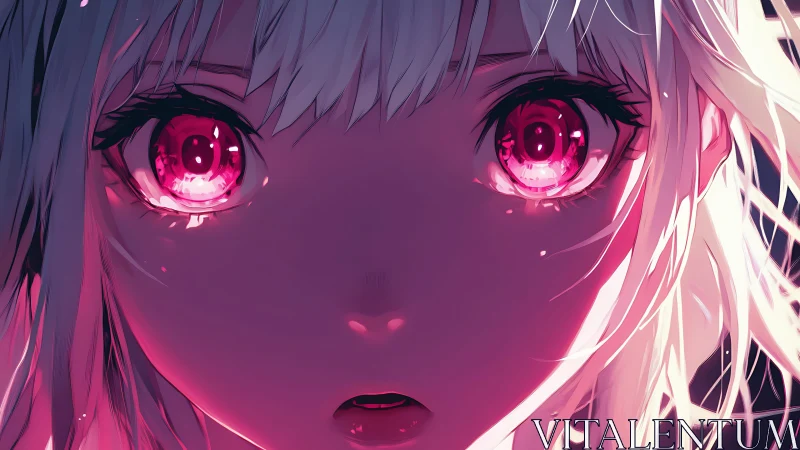 Neon eyed anime girl bathed in dramatic magenta light.