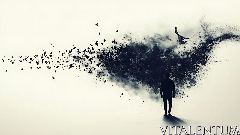 Shifting silhouette quietly dissolves into scattering dark birds