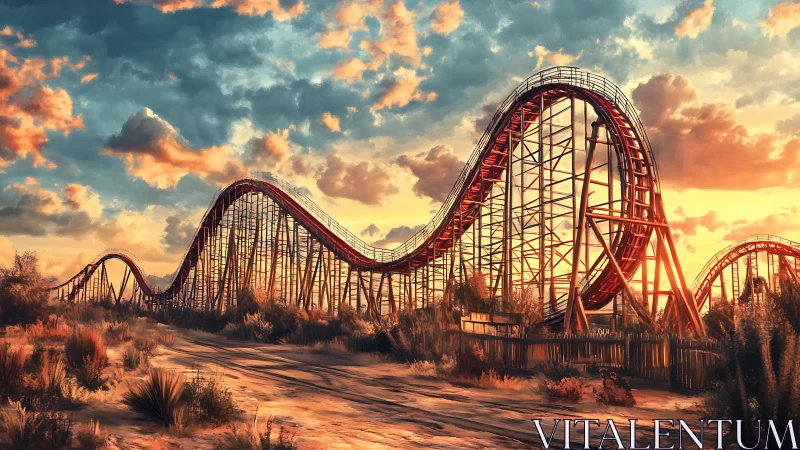 Sunset roller coaster arcs warmly across a quiet desert sky