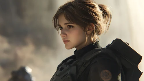 Tactical sci fi female soldier portrait in soft rim lighting