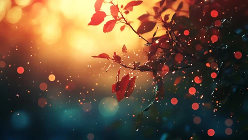 Glowing autumn leaves drift gently in warm evening light