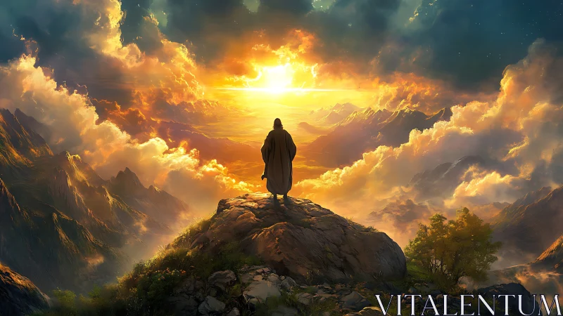 Solitary figure observing radiant mountain sunrise scene.