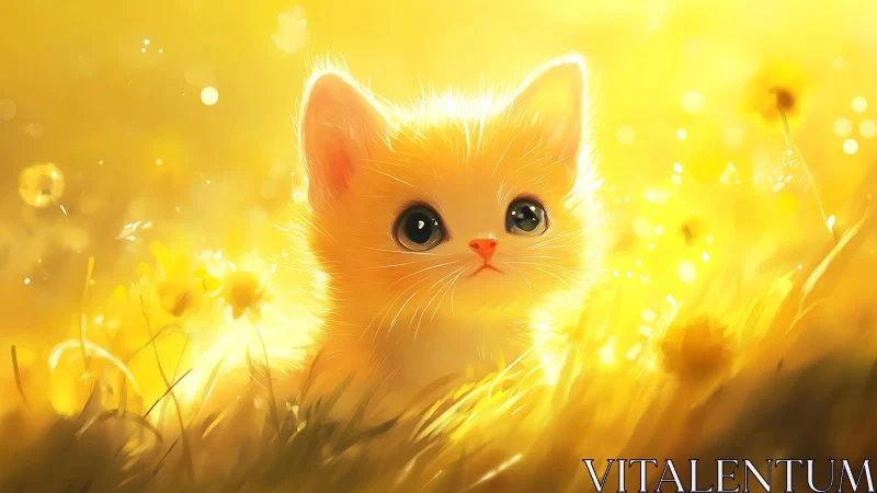Digital kitten illustration in bright yellow field light.