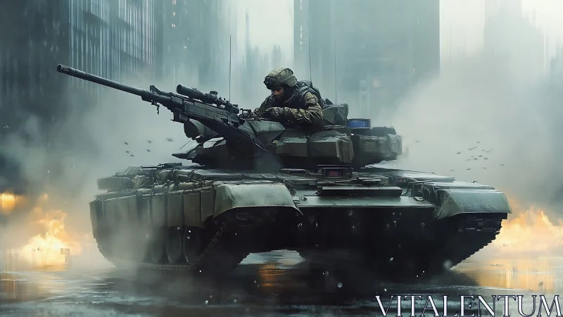 Armored battle tank advancing through burning city streets.