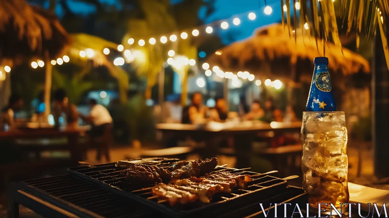 Grill with skewers and drink stands before blurred night diners