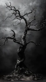 Twisted blackened tree rising against stormy grey void.