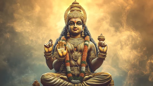 Golden seated Hindu deity against glowing misty sky.
