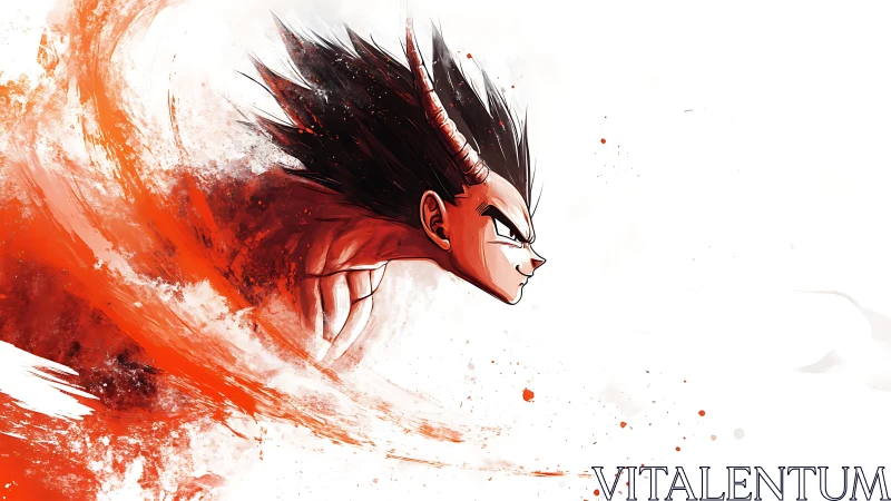 Demonic anime warrior bursts through red energy arc.