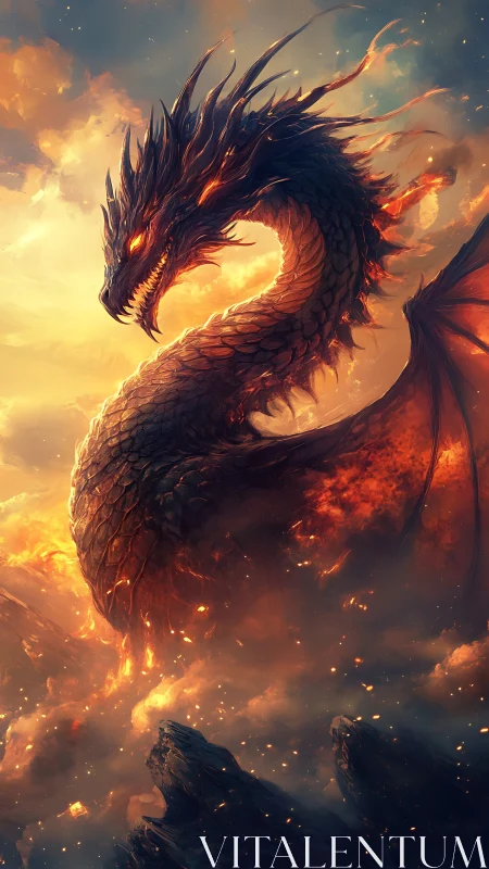 Molten-scaled dragon coils above volcanic clouds in firelit sky