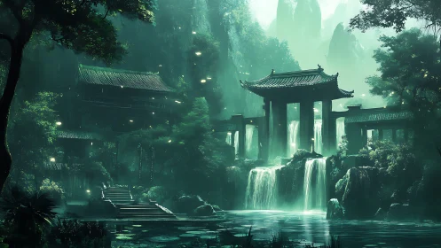 Emerald-lit temple complex integrates waterfalls and misty karst cliffs