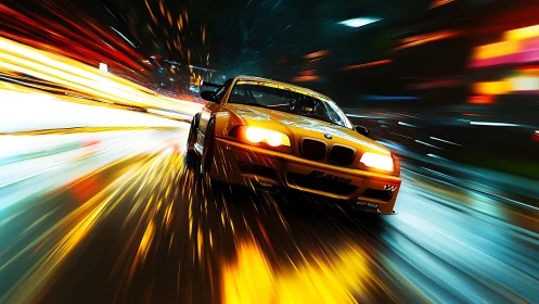 Yellow race car moves through urban night with motion blur