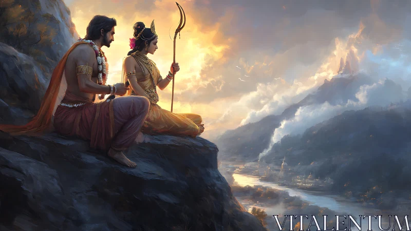 Divine couple on cliff above river valley at sunrise.