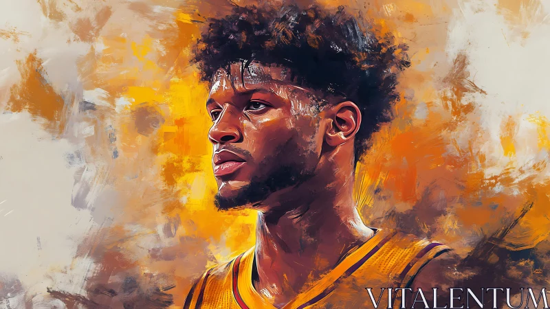 Basketball player portrait stands in vivid abstract orange haze