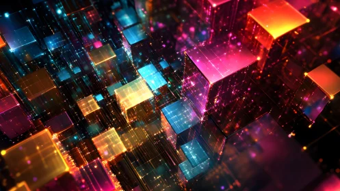Vibrant 3D Abstract Cubes in Neon Colors, Digital Art Style.