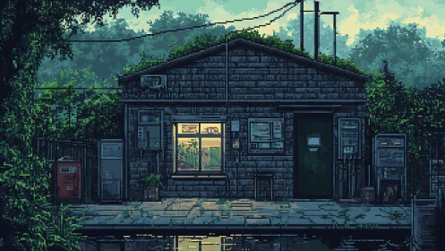 Soft evening light warms a quiet pixel art station house