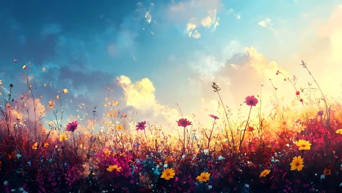 Wildflower Field at Golden Hour Sunset.