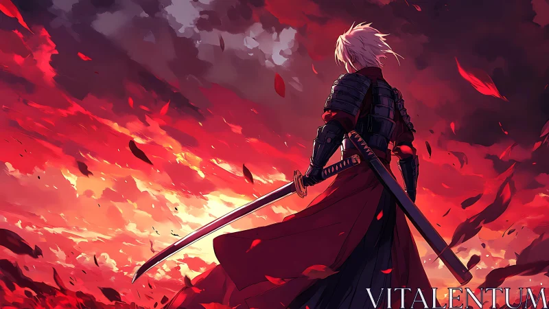 Lone armored swordsman surveys a blazing, blood-red sky