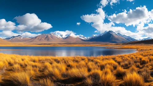 High-altitude lake with snowcapped mountains and dry grasslands.