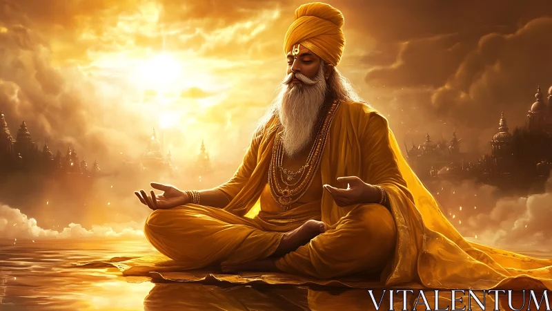 Golden robed sage meditates over reflective sacred water