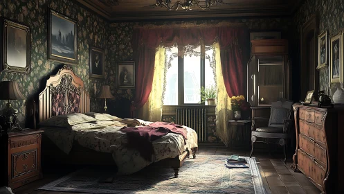 Sunlit baroque bedroom with ornate furnishings and decay.