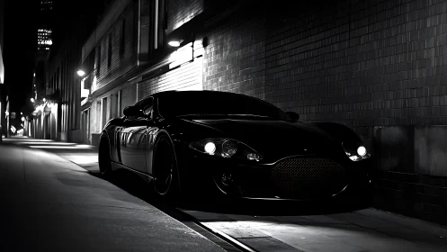 Sleek black sports car resting in a quiet midnight alley.