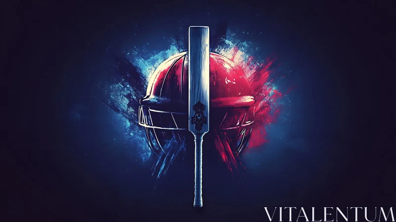 Cricket helmet split by central bat with blue red energy bursts