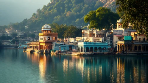 Morning domes hum softly above the mirror-still lakeside town