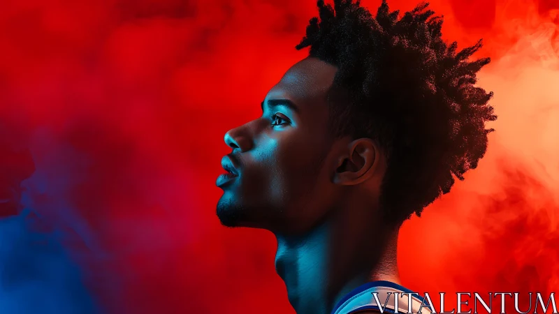 Profile portrait in red and blue atmospheric lighting.