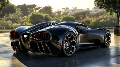 Sleek black hypercar on reflective terrace at sunset.