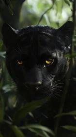 Black panther frontally framed with amber ocular luminescence and dense jungle foliage background