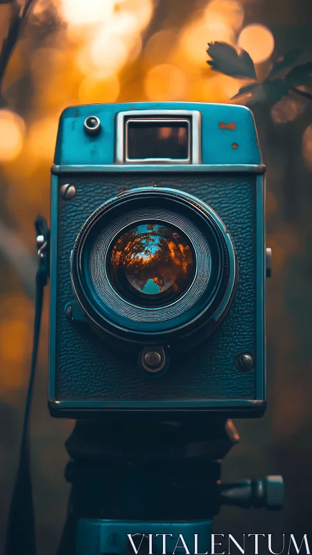 Vintage teal camera stands glowing against golden bokeh light