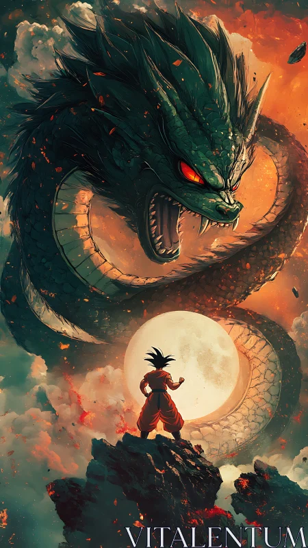 Dragon coils around moonlit sky above lone fighter figure